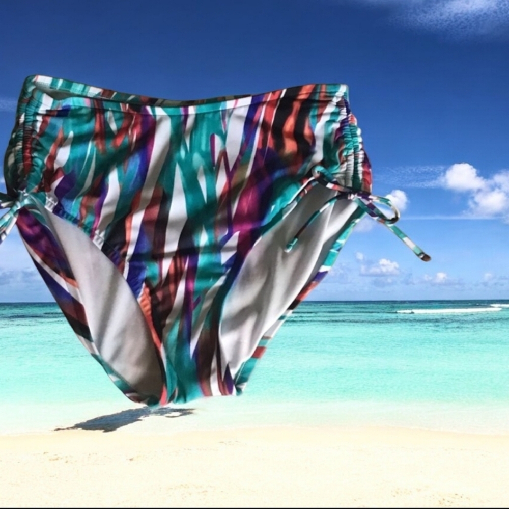 Reel Legends high waist bikini bottom size 10 NWT multicolor stripes dra…